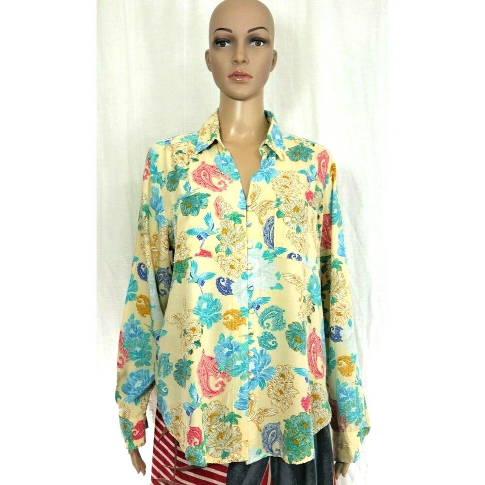 Asian Floral Crane Print Long Sleeve Rayon Blouse  Velvet Heart  Womens Large